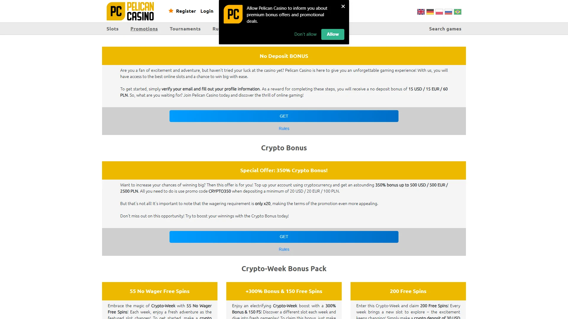 Current Pelican Casino bonus offers